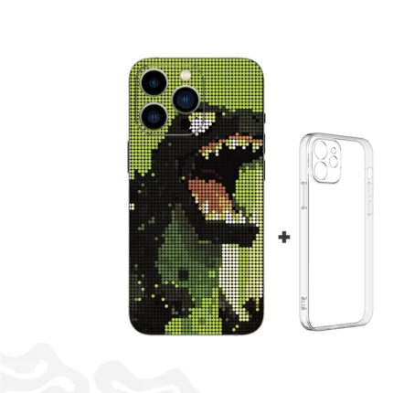 DinoByte Skin – Retro Pixel Dinosaur Design + Coque Transparente